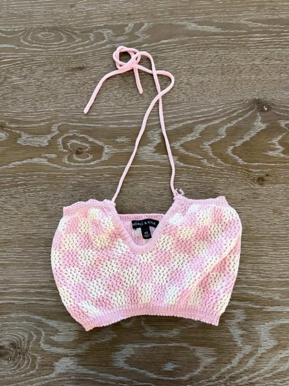 Womens Kendall & Kylie Crochet pink/white checkered Crossover Halter Top Size XS